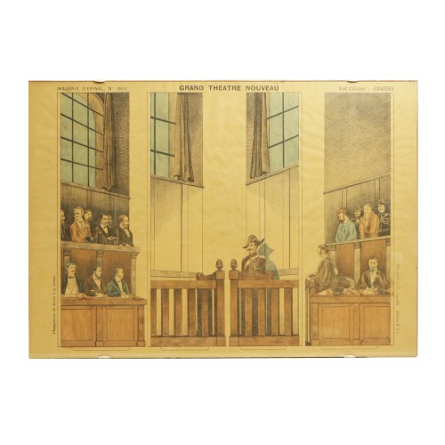Dibujo de una vista grabada representando la sala donde se esta celebrando un juicio